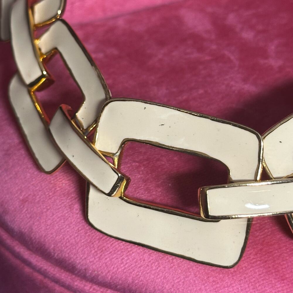 Vintage Cream Colored Enamel Square Link Necklace and Earring Set